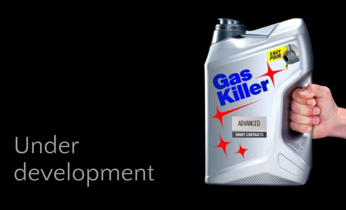 Gas Killer optimization tool shown as a motor oil container with 'Under development' text on black background